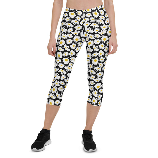 Floral Eclipse Black Mid-Rise Capri Leggings