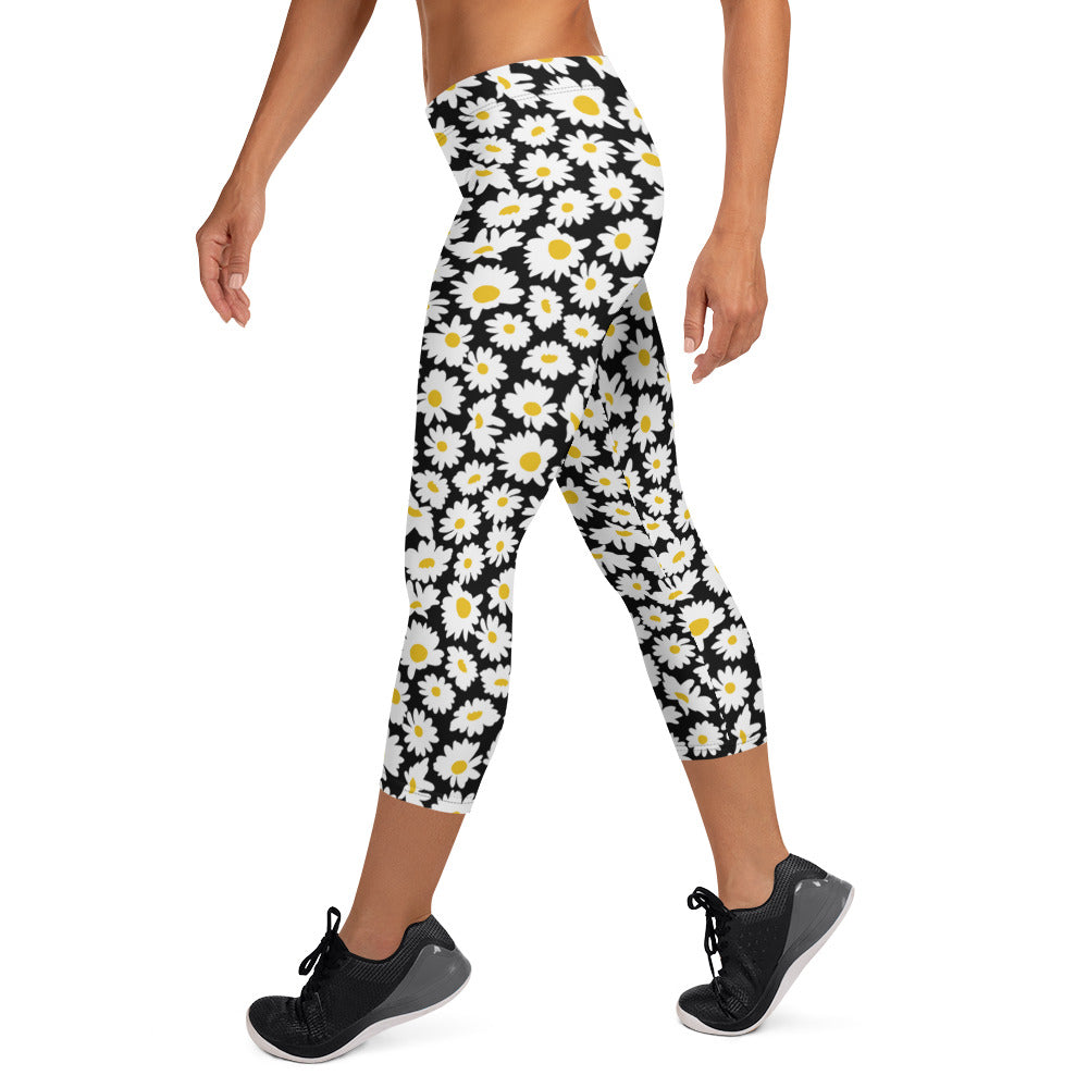 Floral Eclipse Black Mid-Rise Capri Leggings