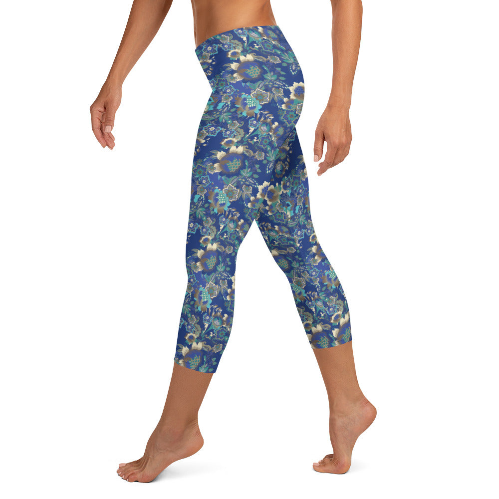 Blue Blossom Mid-Rise Capri Leggings