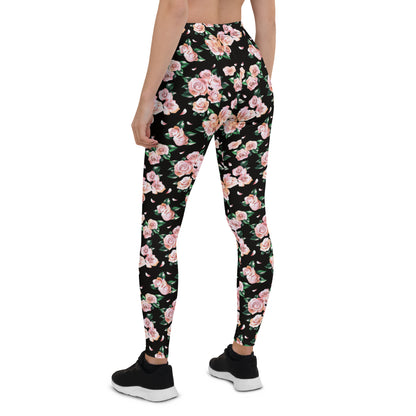 Floral Finesse Black Activewear Mid-Rise Leggings