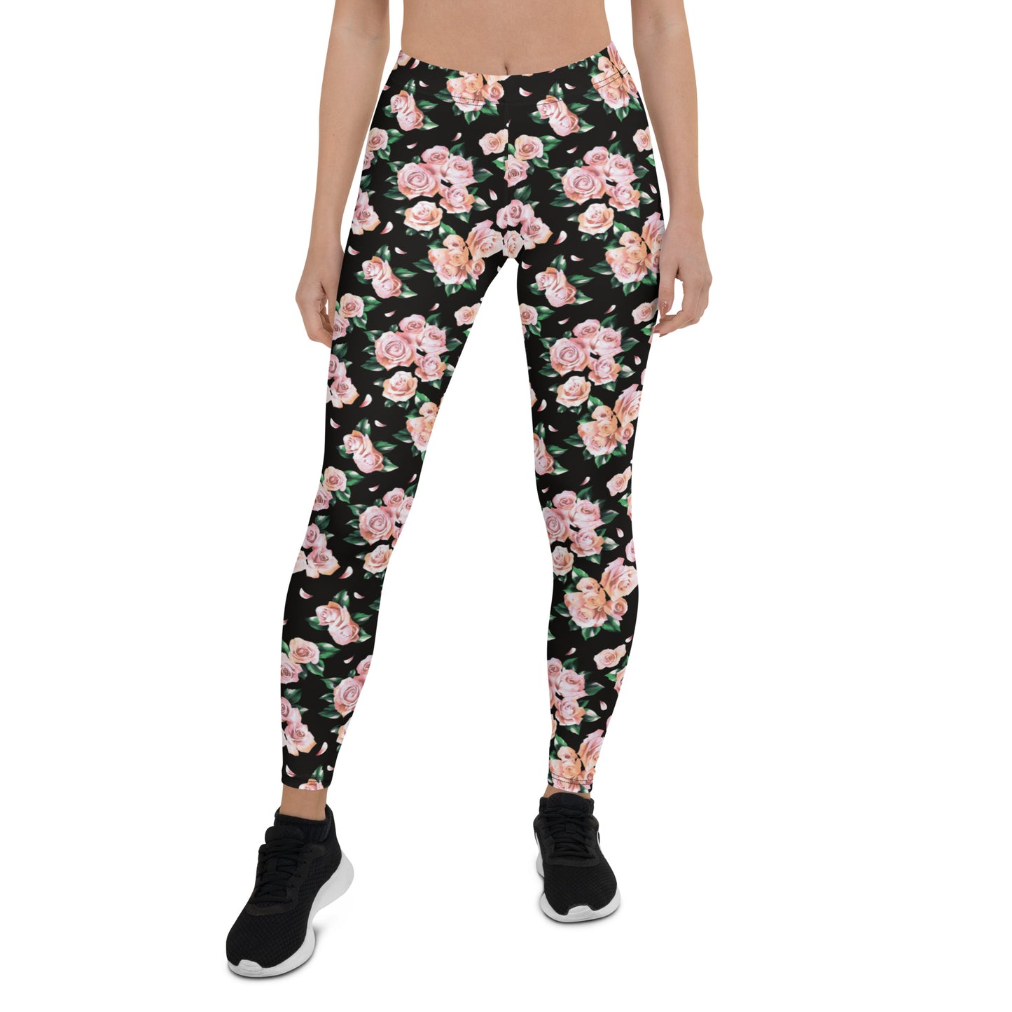 Floral Finesse Black Activewear Mid-Rise Leggings