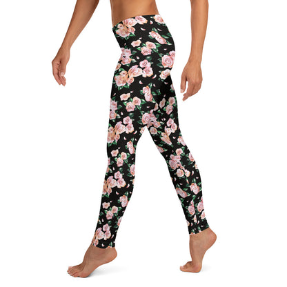 Floral Finesse Black Activewear Mid-Rise Leggings