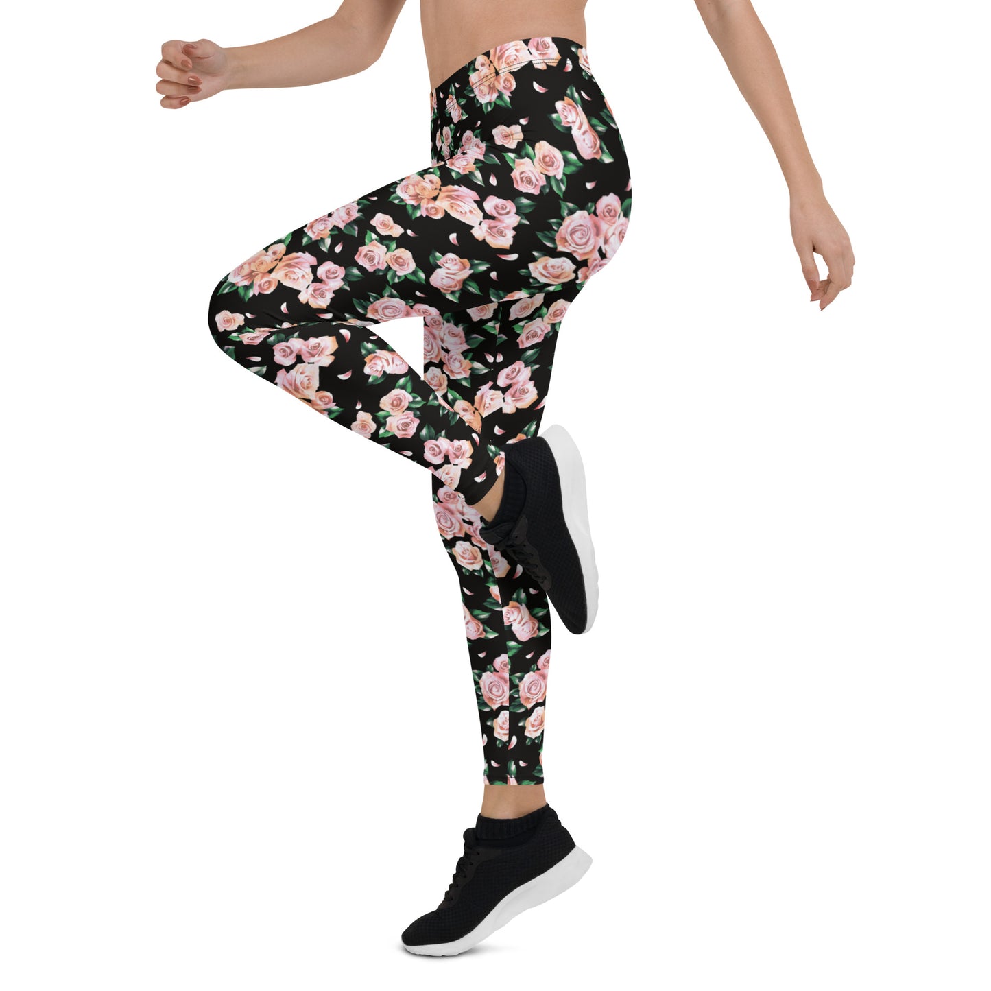 Floral Finesse Black Activewear Mid-Rise Leggings