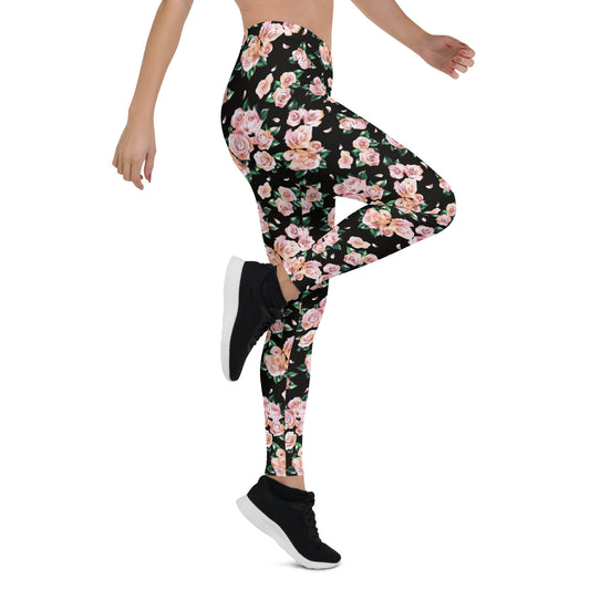Floral Finesse Black Activewear Mid-Rise Leggings