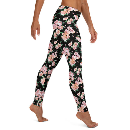 Floral Finesse Black Activewear Mid-Rise Leggings