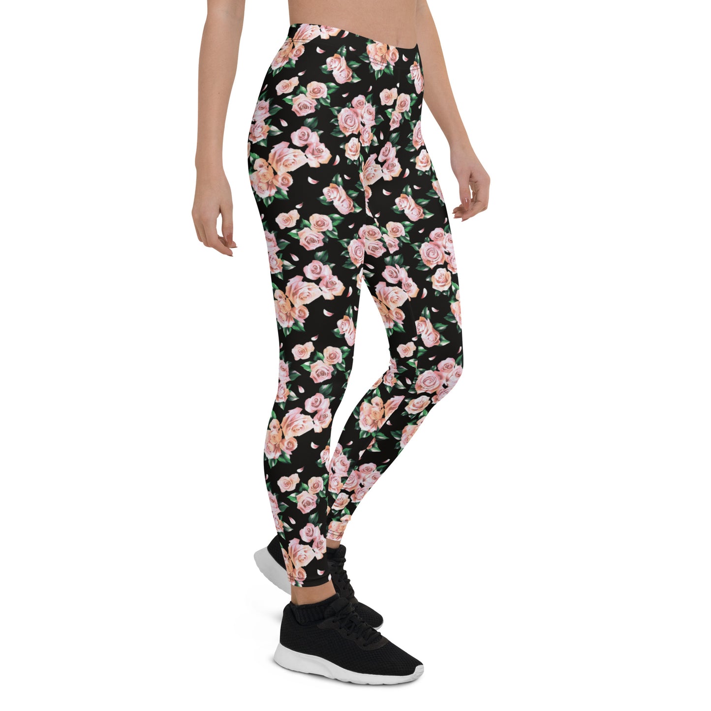 Floral Finesse Black Activewear Mid-Rise Leggings