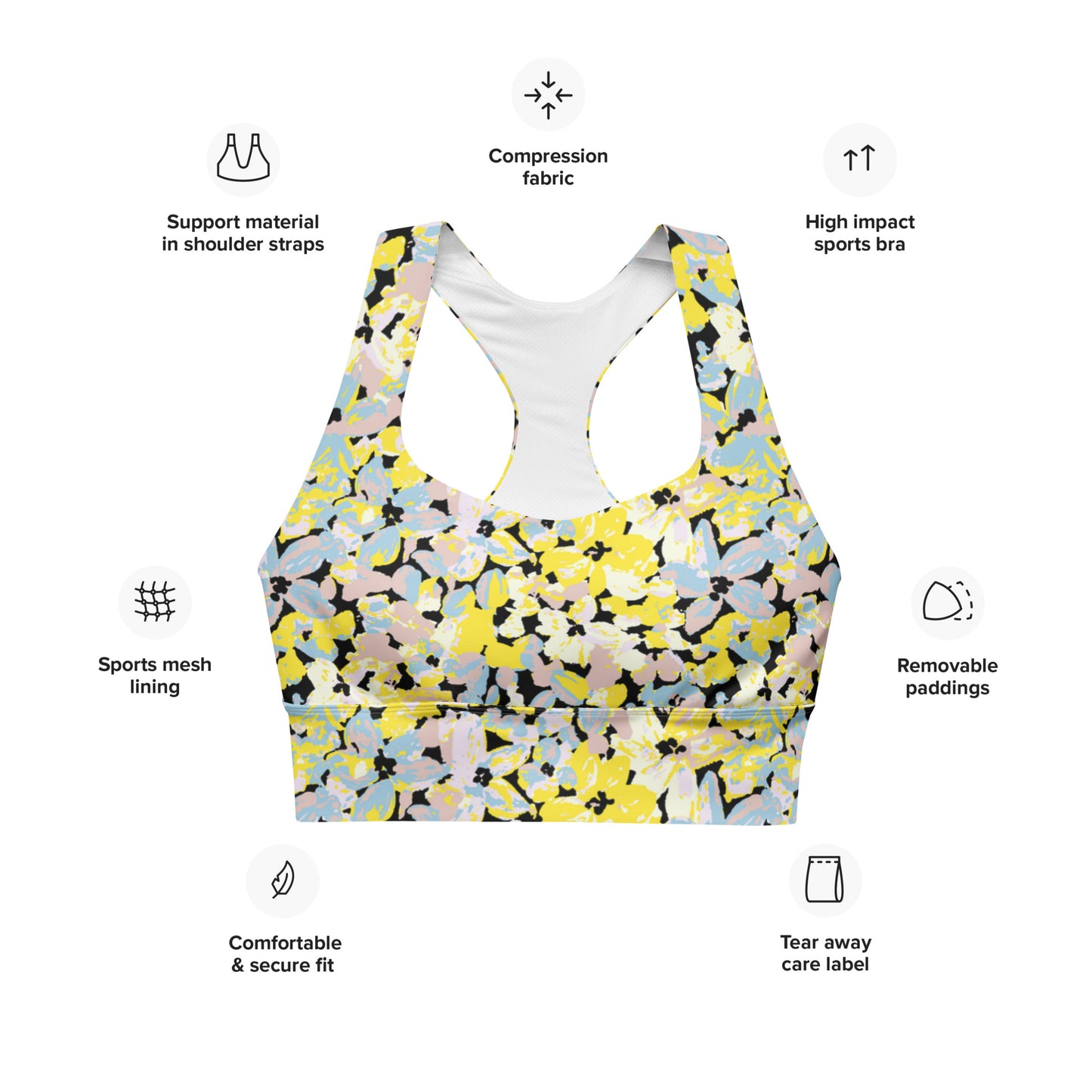 Scattered Floral Pattern Longline Sports Bra