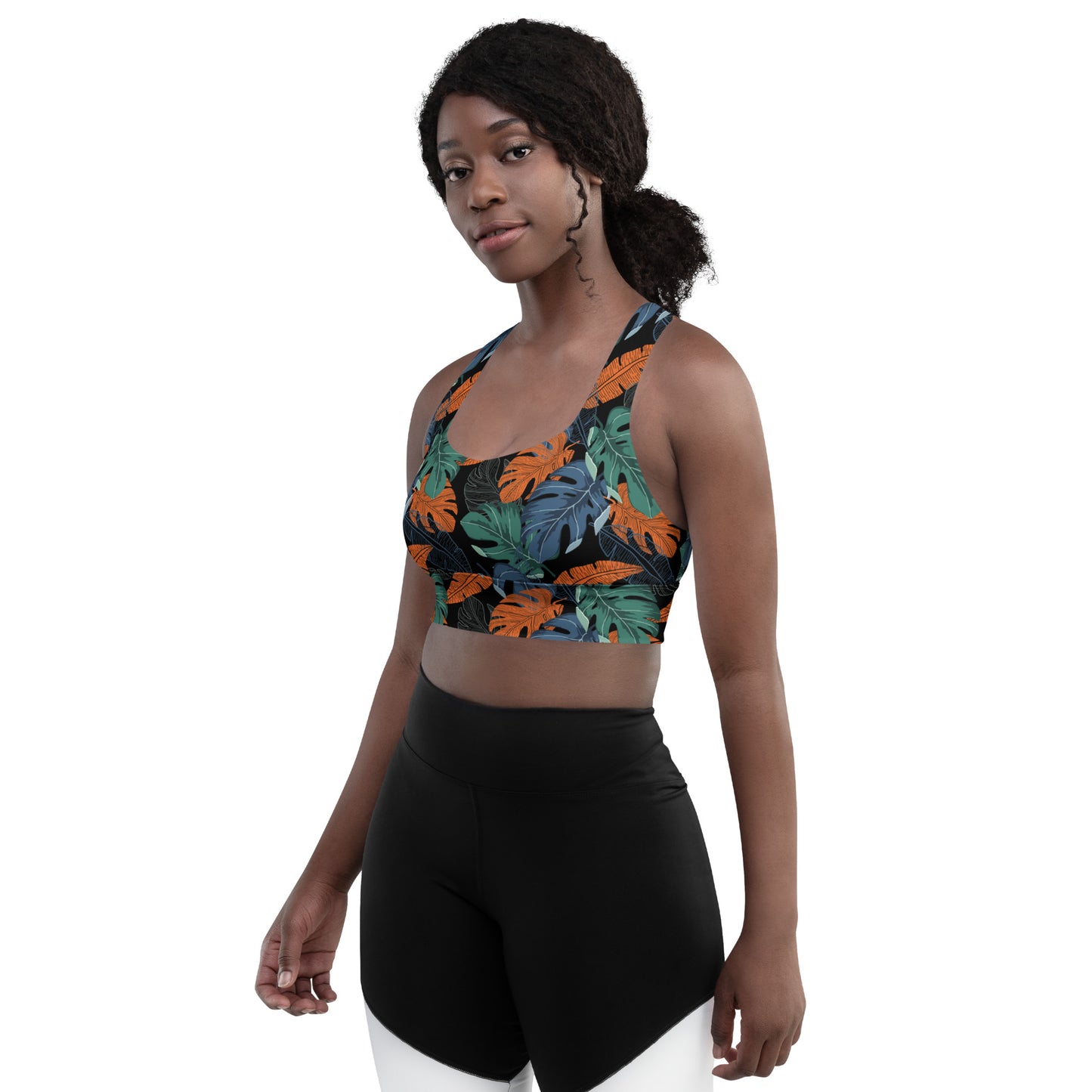 Multicolor Leaf Fusion Longline Sports Bra