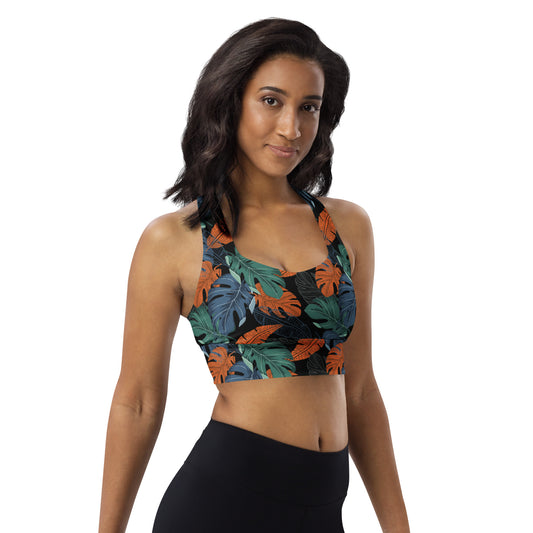 Multicolor Leaf Fusion Longline Sports Bra