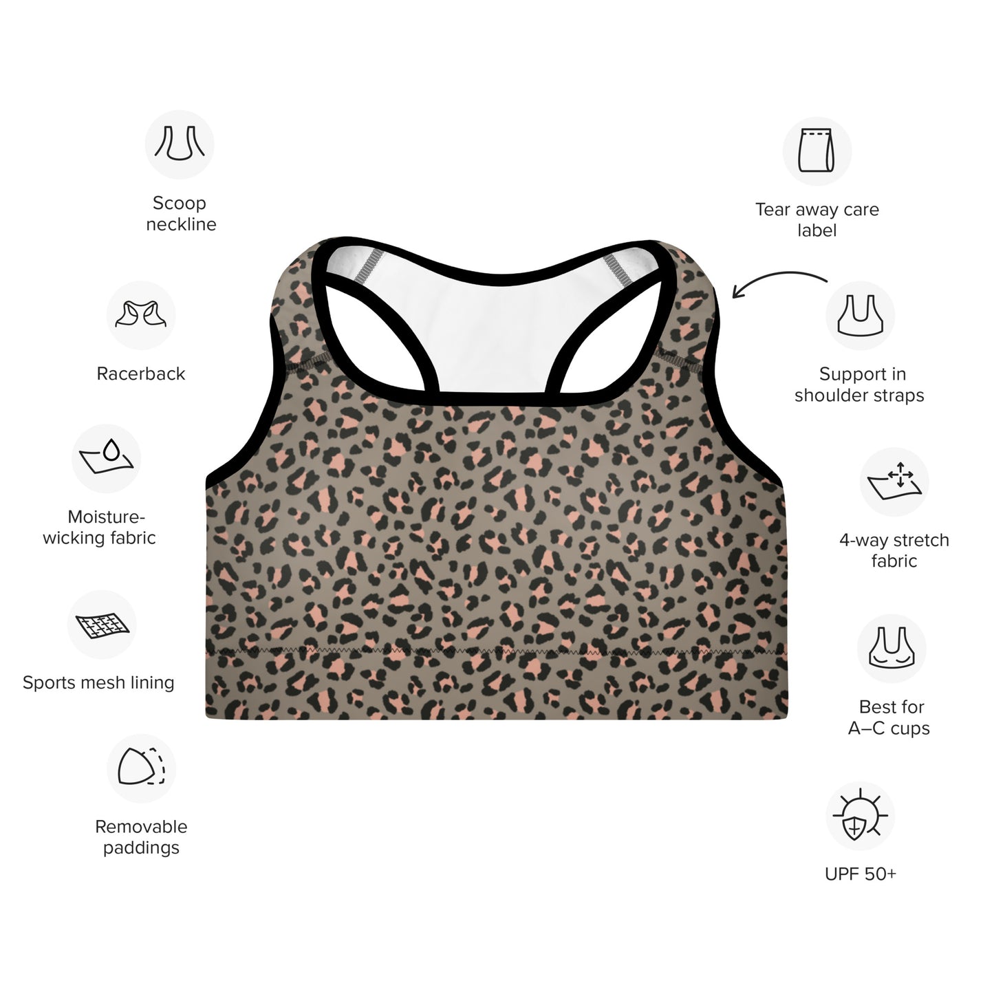 Grey Leopard Power Padded Sports Bra