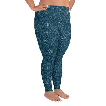 Turquoise Blossom Delight High-Waisted Plus Size Leggings