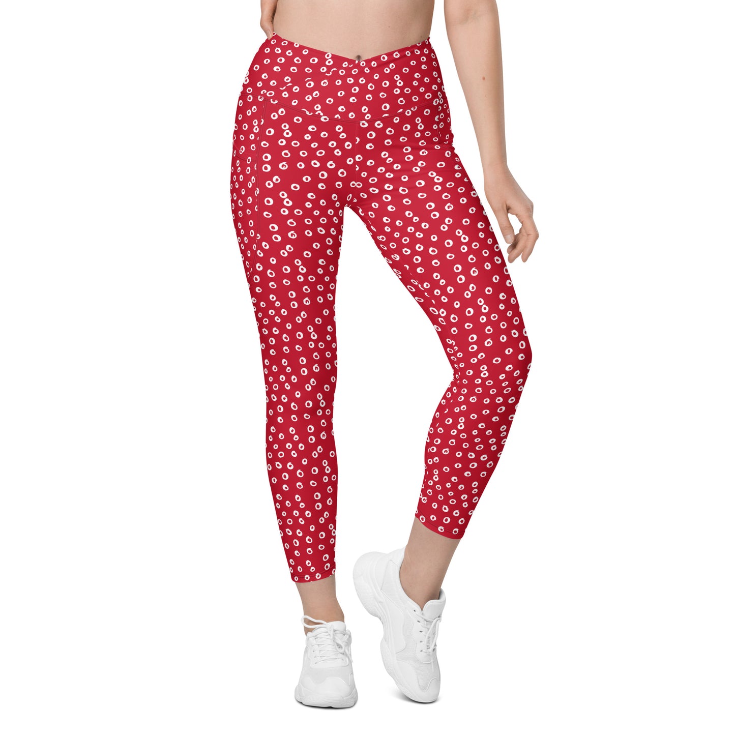 Activewear Crossover Red Dotted High-Waisted Pocket Leggings