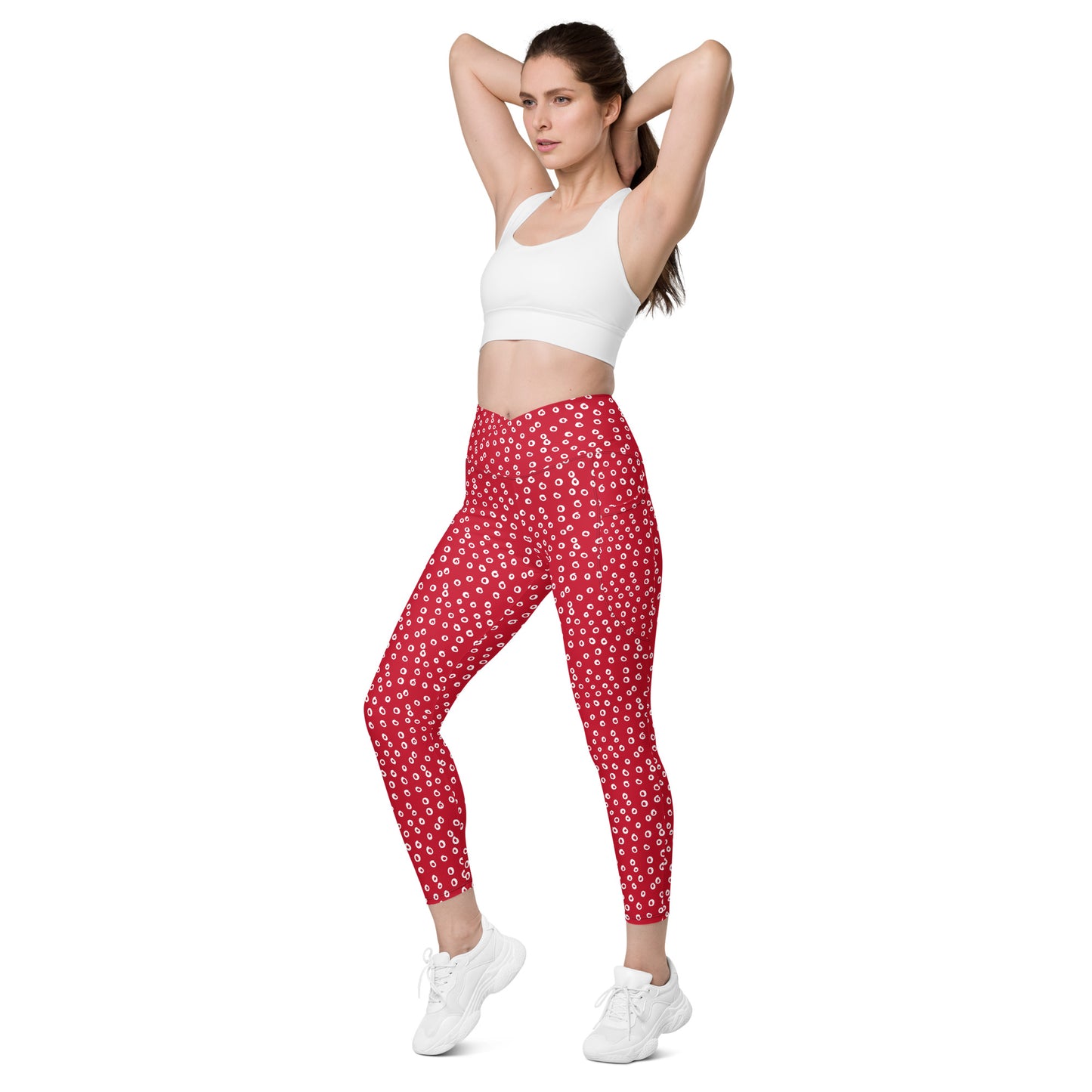 Activewear Crossover Red Dotted High-Waisted Pocket Leggings