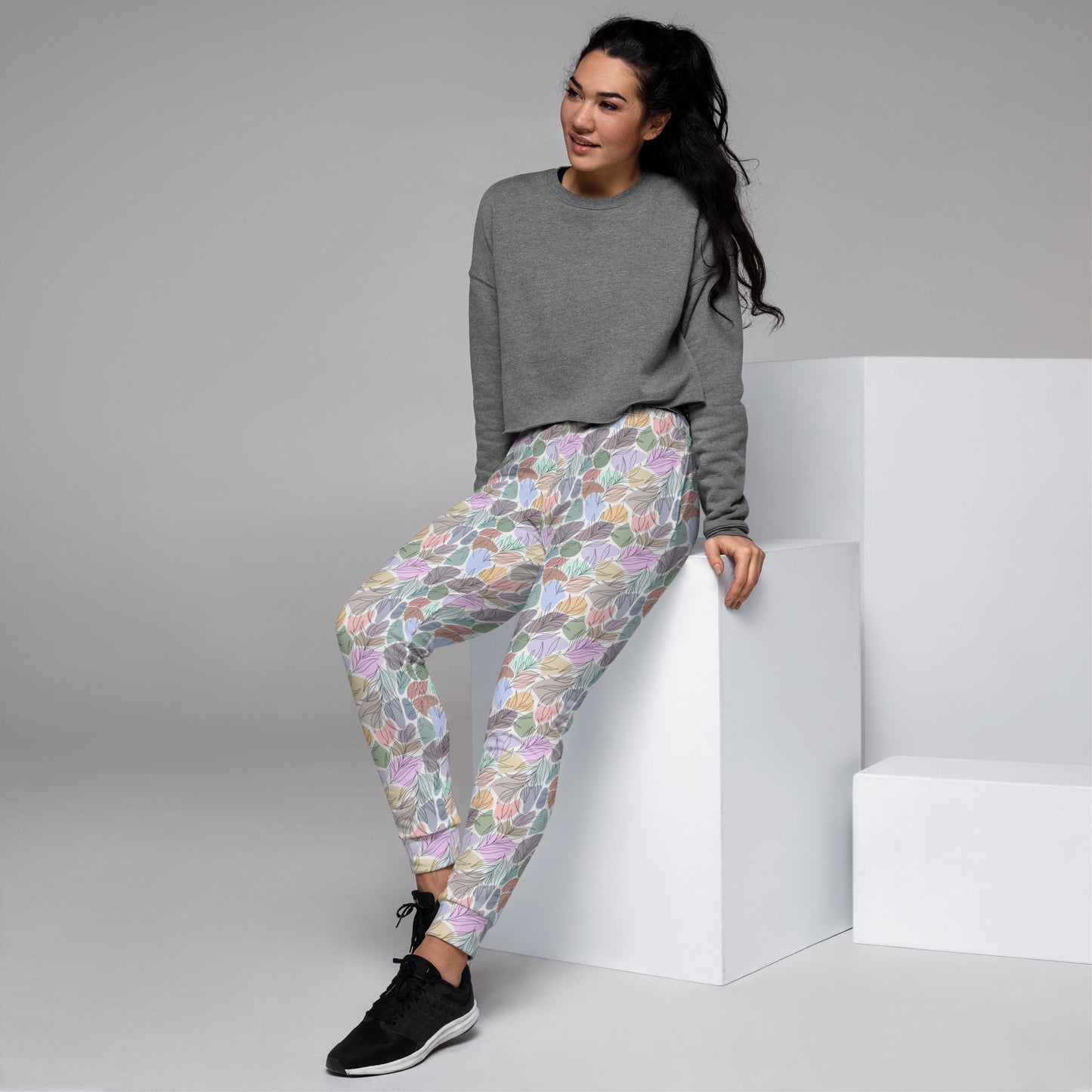 White Tropical Leaf Design Women's Joggers