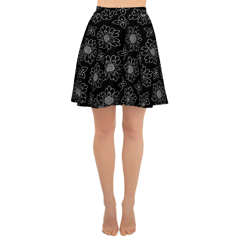 Lovely Flower Black Print Skater Skirt