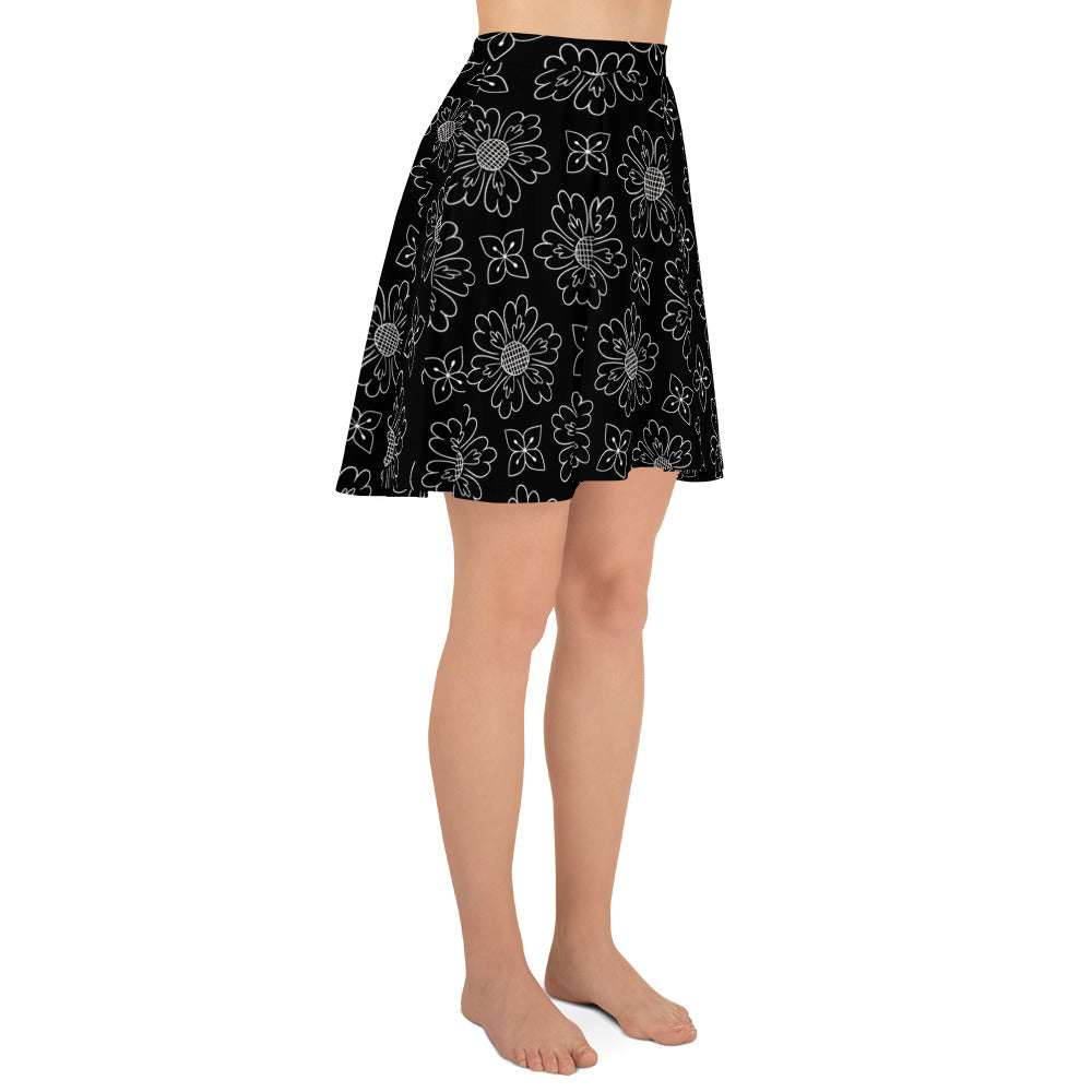 Lovely Flower Black Print Skater Skirt