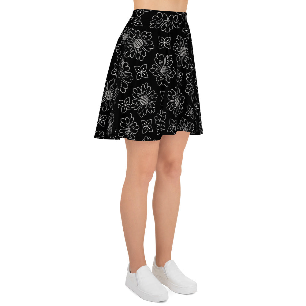 Lovely Flower Black Print Skater Skirt