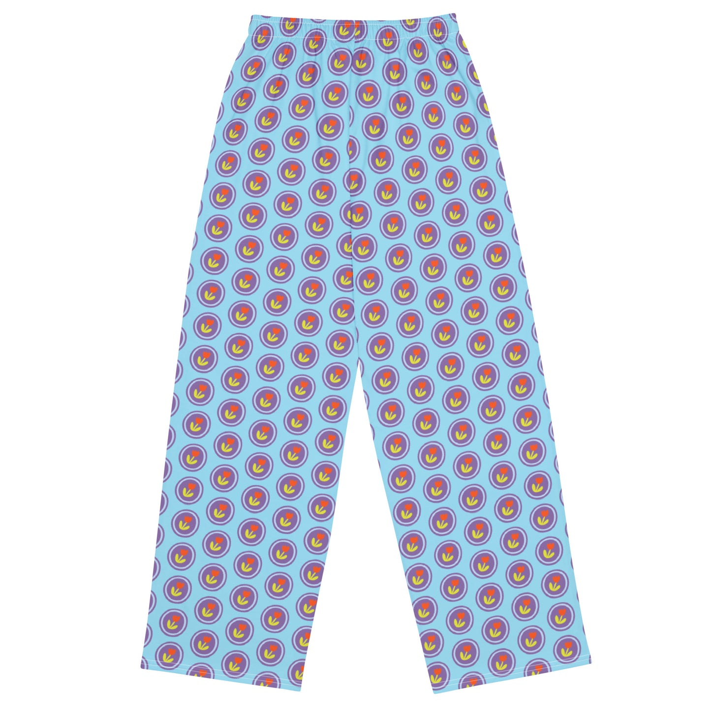 Blooming Blue Tulip Print Wide-Leg Pants