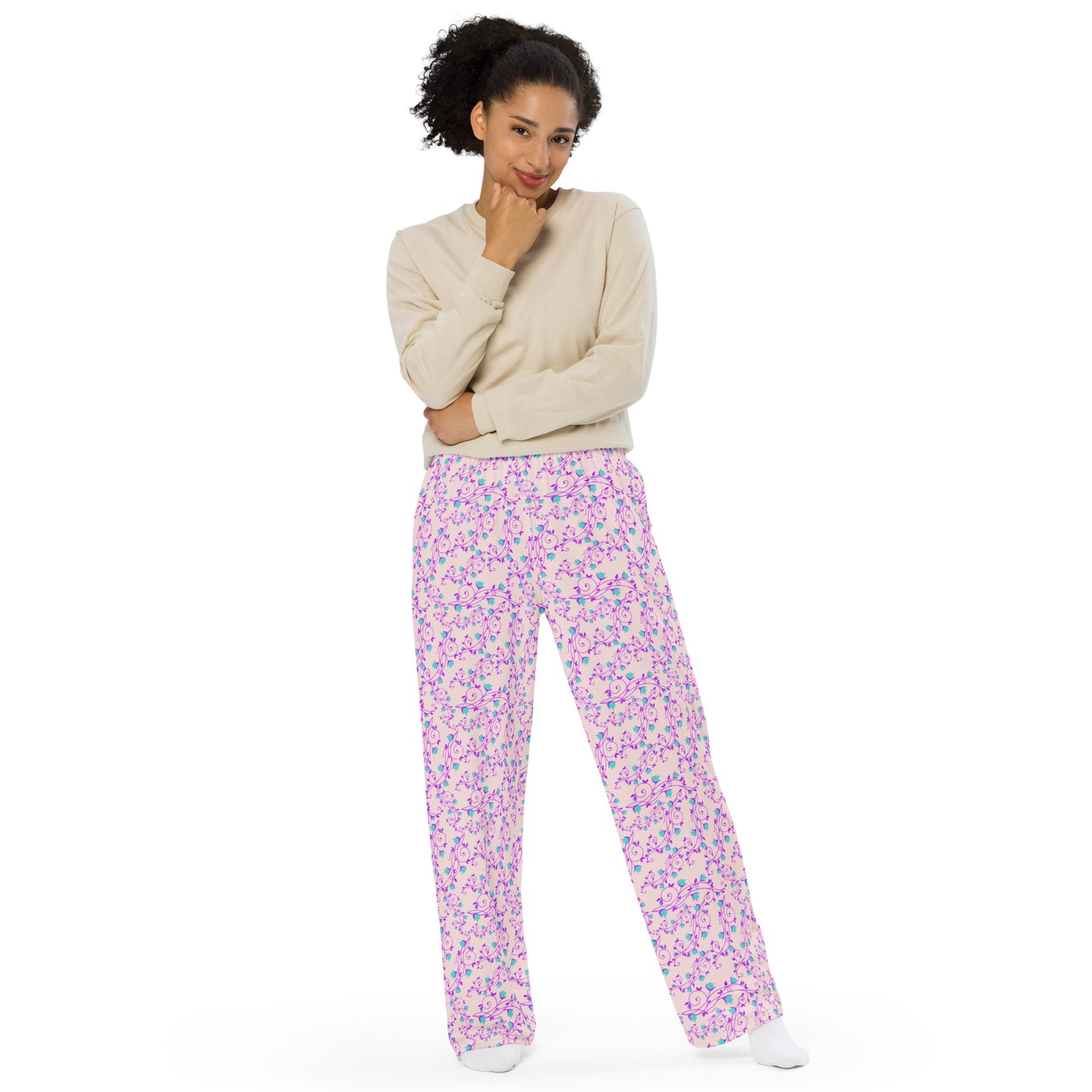 Misty Rose Floral Print Wide Leg Pants