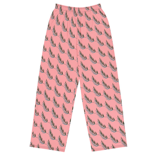 Pink Leaf Print Wide-Leg Pants