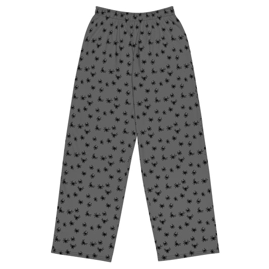 Grey Spider Patterned Wide-Leg Pants