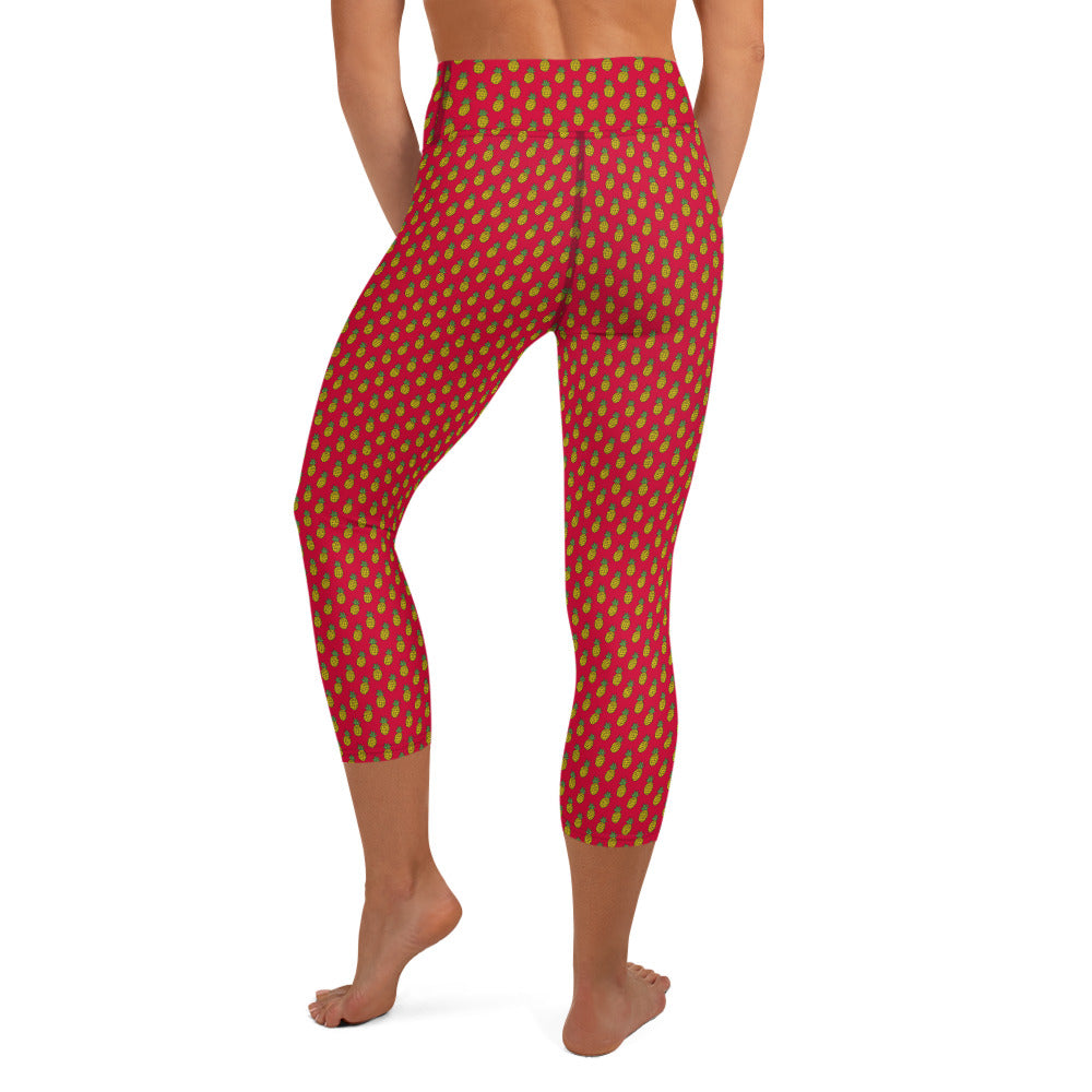 Pineapple Paradise Crimson Yoga Capri Leggings