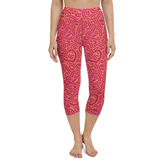 Pink Heart Mix Pattern High-Waisted Yoga Capri Leggings