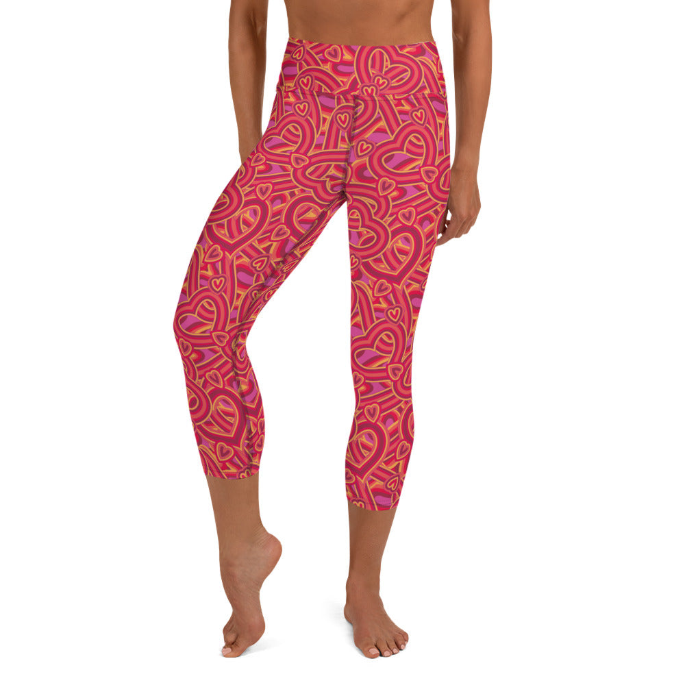 Pink Heart Mix Pattern High-Waisted Yoga Capri Leggings