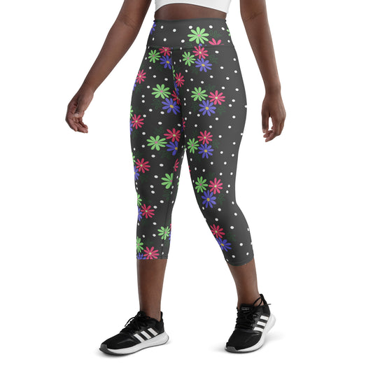 Grey Floral Patterned Activewear Capri Leggings