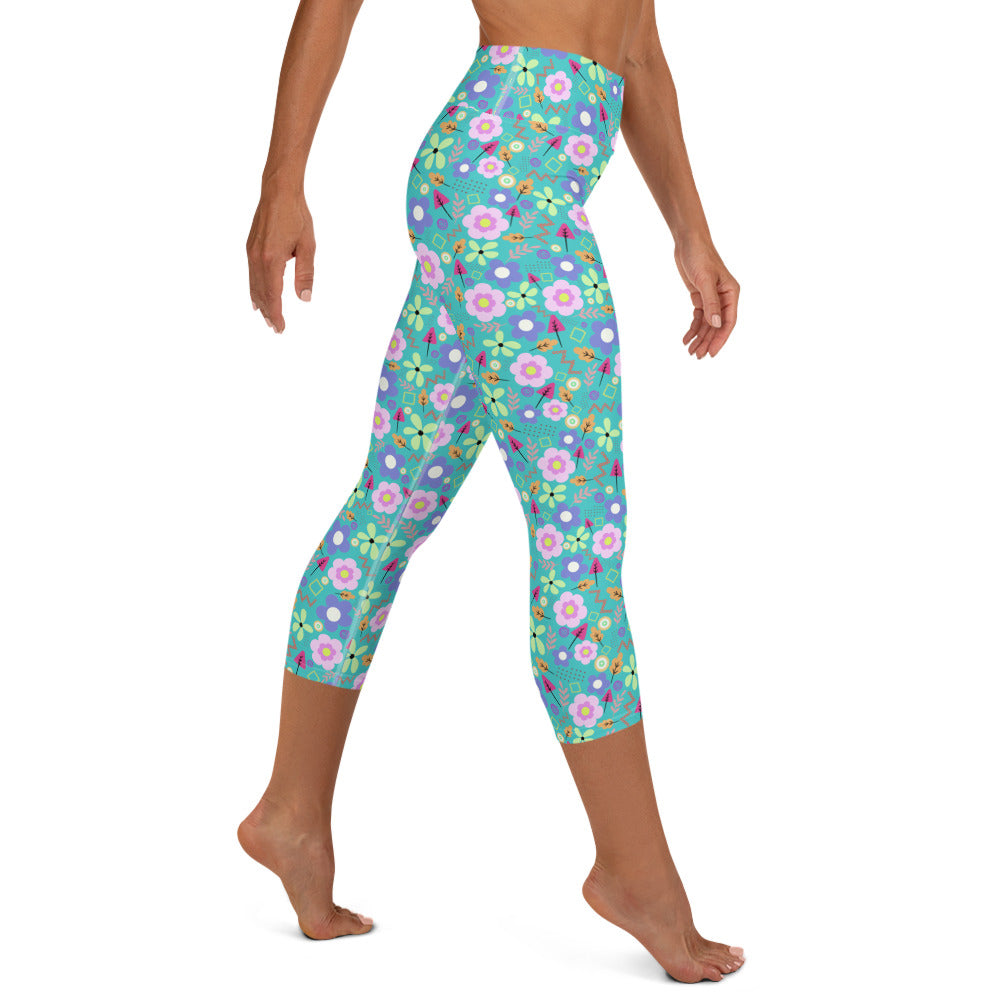 Turquoise Floral Capri Leggings