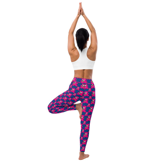 Women's High-Waisted Pink & Cerulean Cute Bear Pattern Yoga Leggings