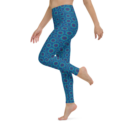 Women's High-Waisted Dark Cerulean Blue Floral Print Yoga Leggings