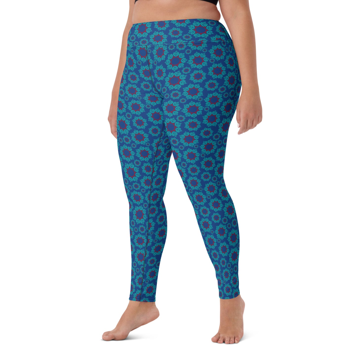 Women's High-Waisted Dark Cerulean Blue Floral Print Yoga Leggings