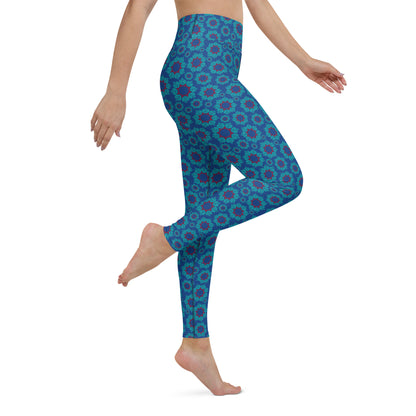 Women's High-Waisted Dark Cerulean Blue Floral Print Yoga Leggings