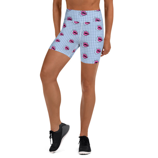 Blue Popart Lips Grid Pattern Yoga Shorts