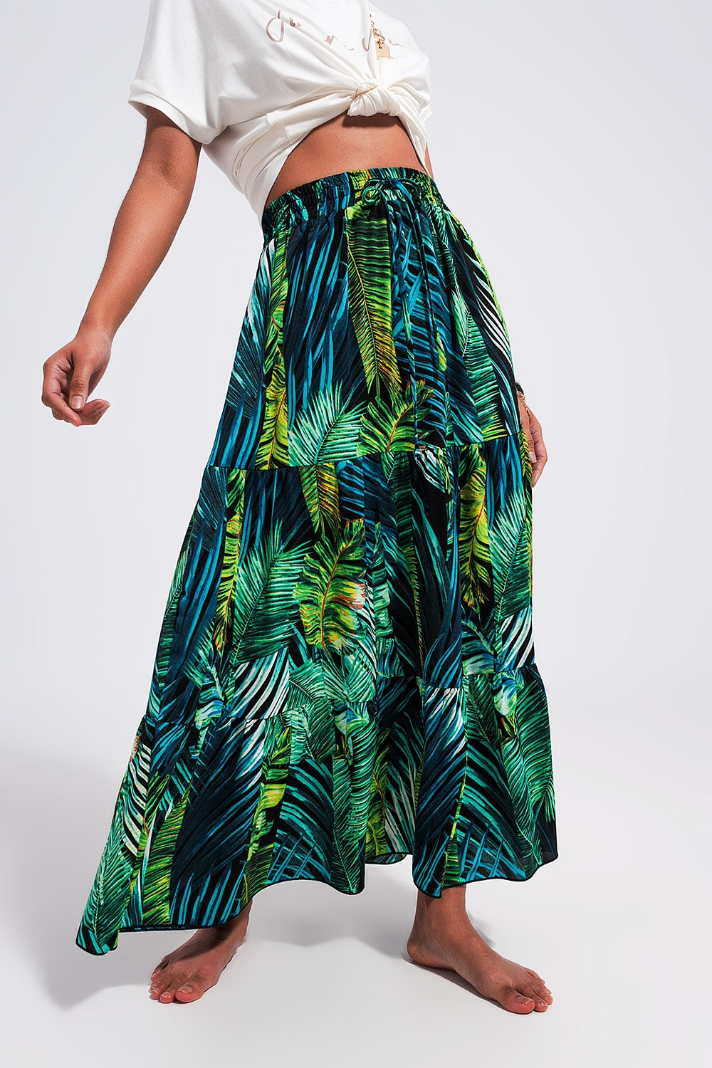 Jungle Vibes Tiered Green Long Maxi Skirt