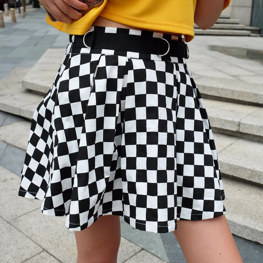 Pleated Checkerboard High Waisted Mini Skirt