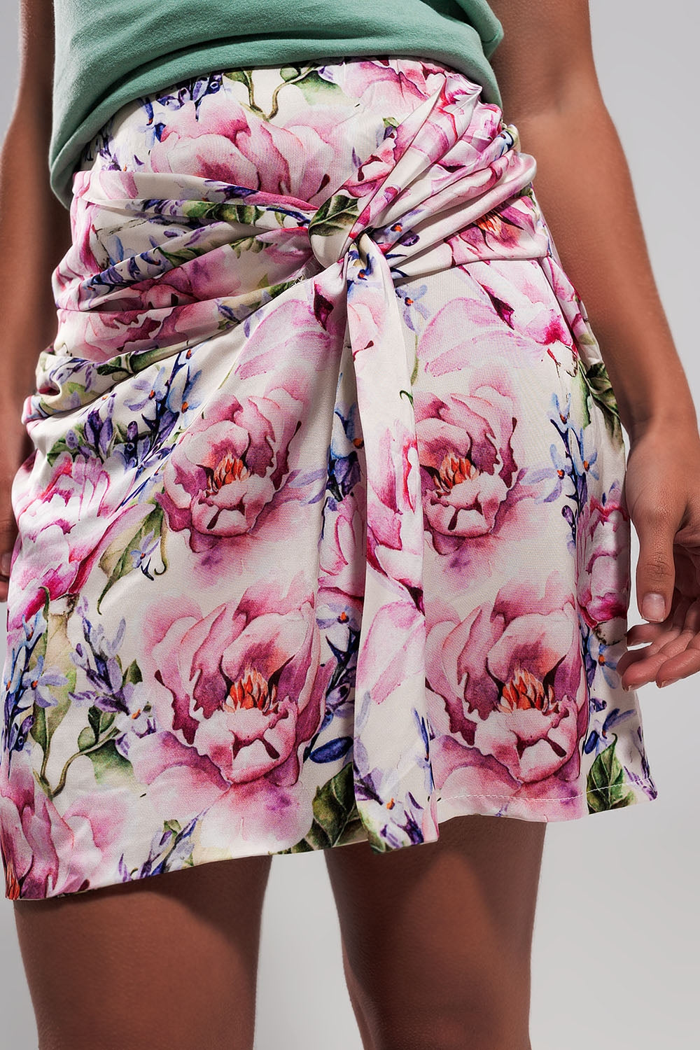 Front Knot Pink Rose Mini Skirt