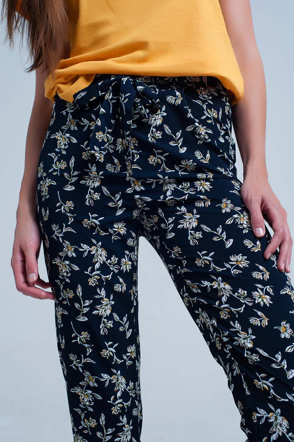 Belted Navy Floral Trousers