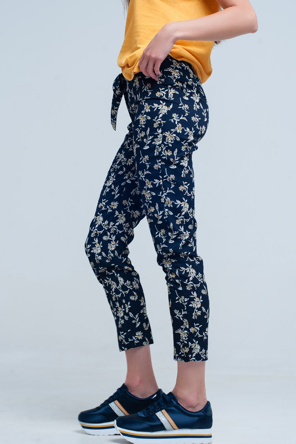 Belted Navy Floral Trousers