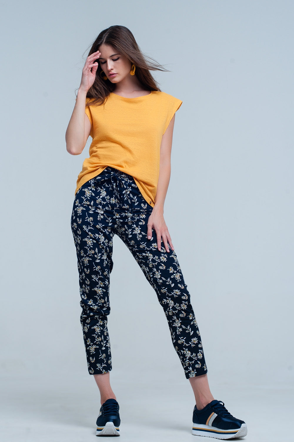 Belted Navy Floral Trousers