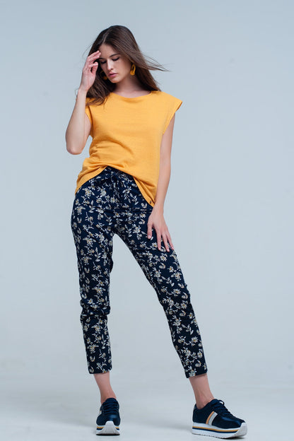 Belted Navy Floral Trousers