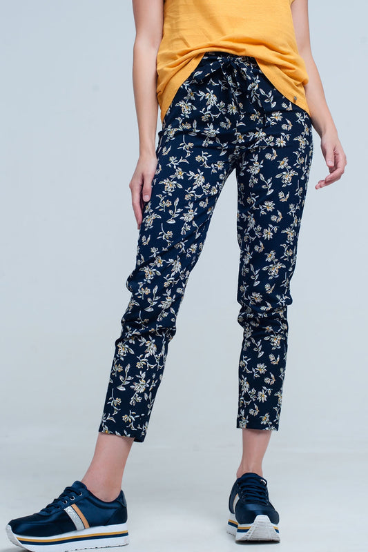 Belted Navy Floral Trousers