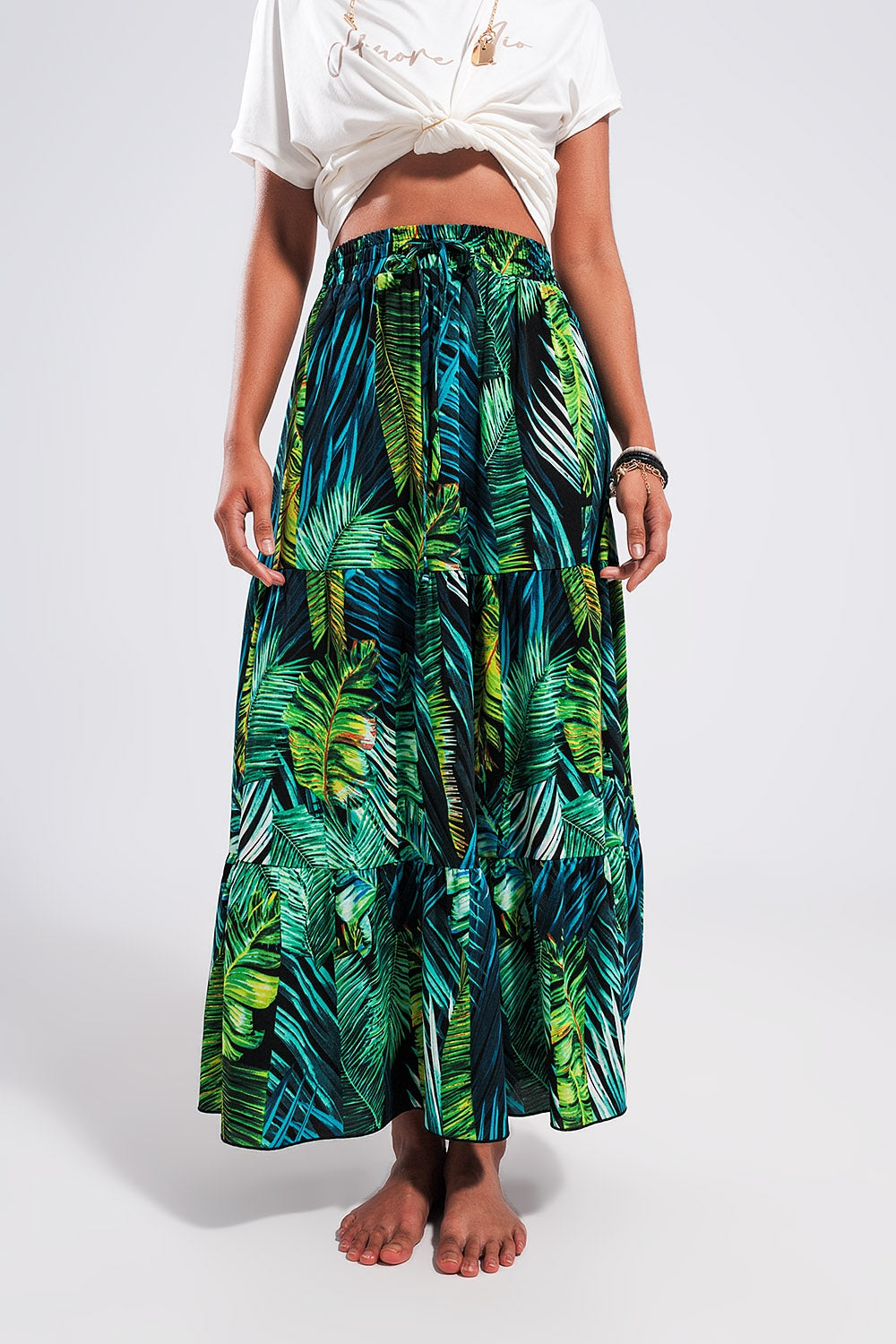 Jungle Vibes Tiered Green Long Maxi Skirt