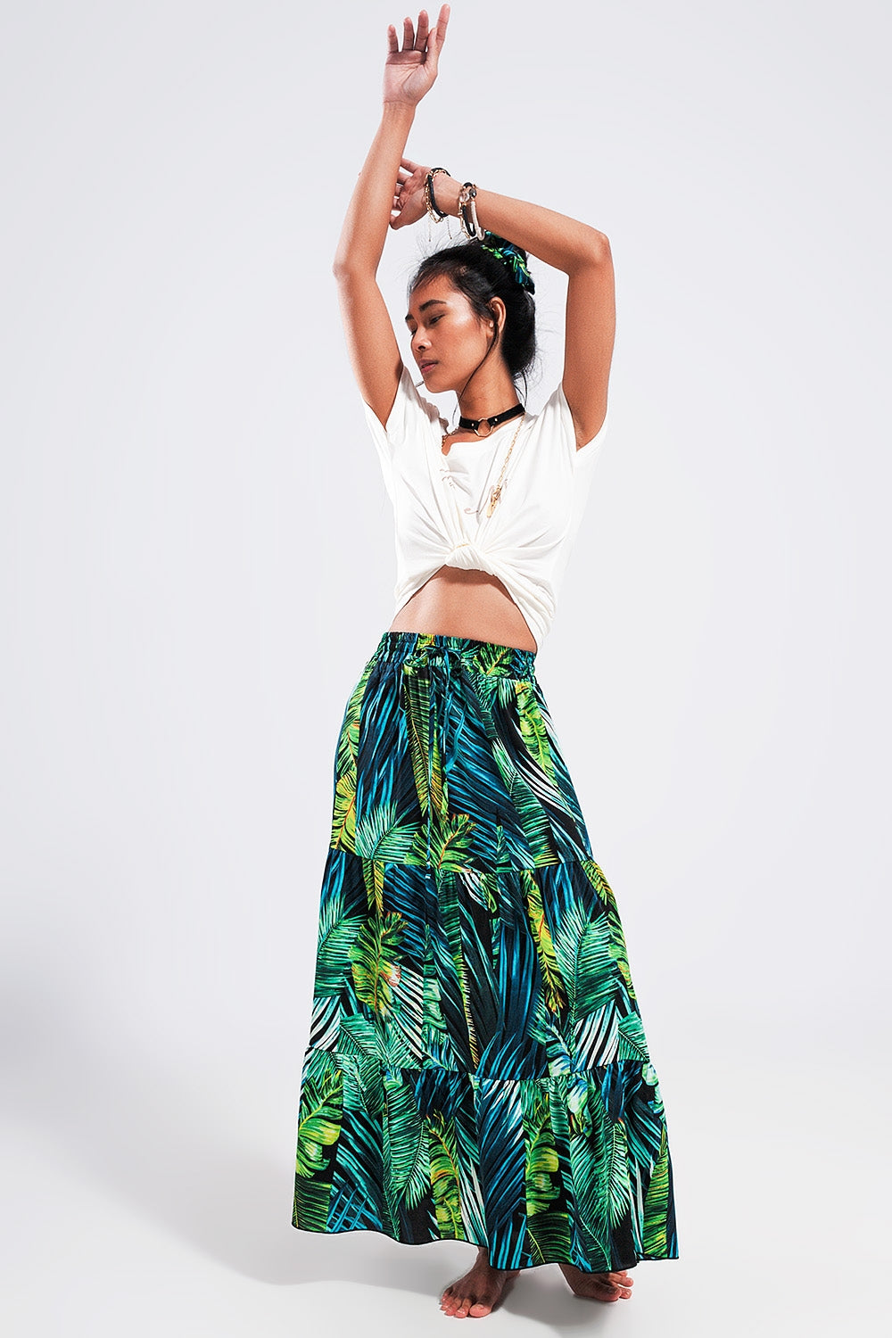 Jungle Vibes Tiered Green Long Maxi Skirt